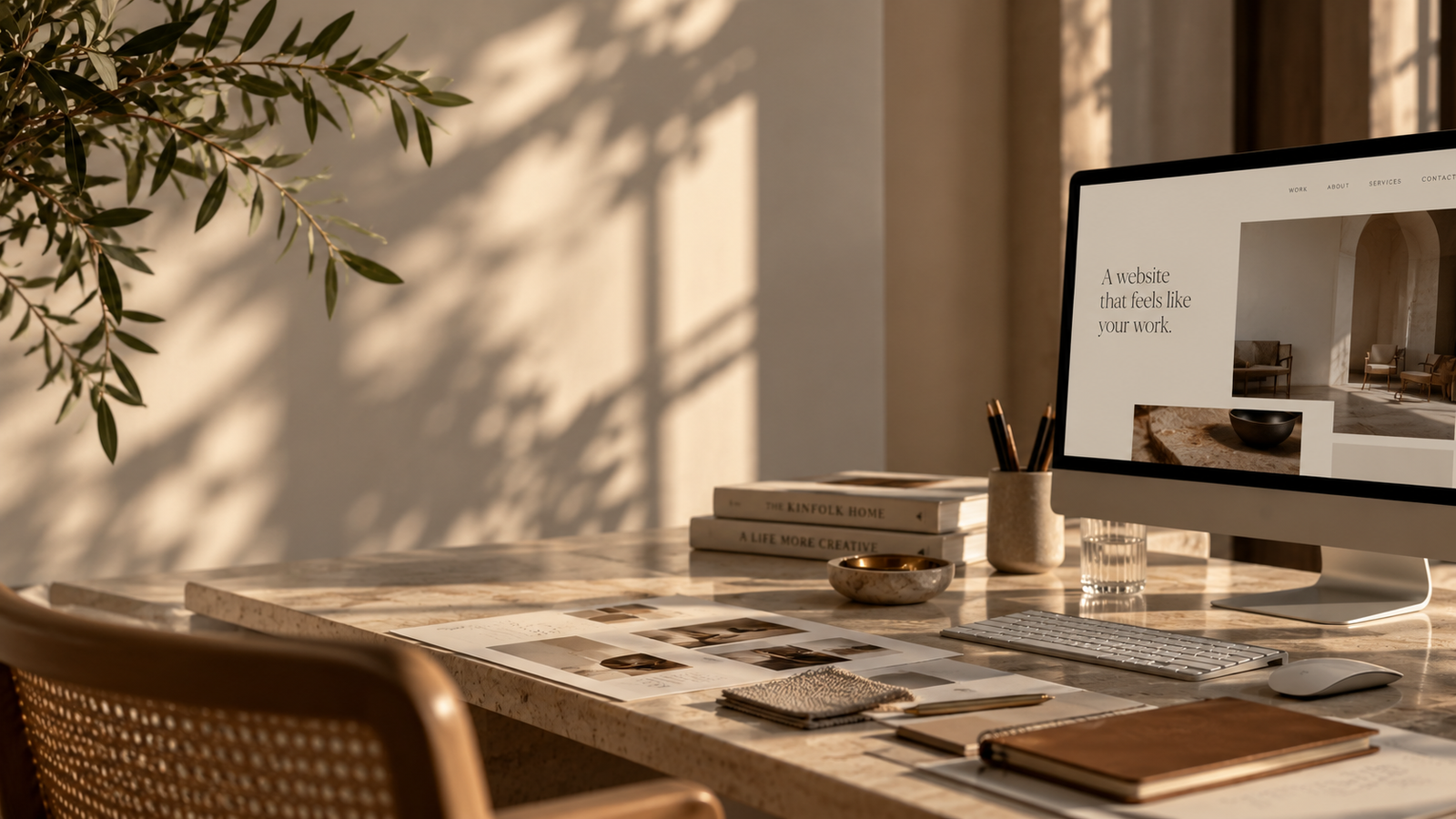 Elegant, sunlit creative studio featuring a minimalist desktop computer displaying an editorial website design, a marble desk with design books, printed moodboards, stationery, and neutral accessories. Warm natural light and soft botanical shadows create a sophisticated, high-end workspace atmosphere.