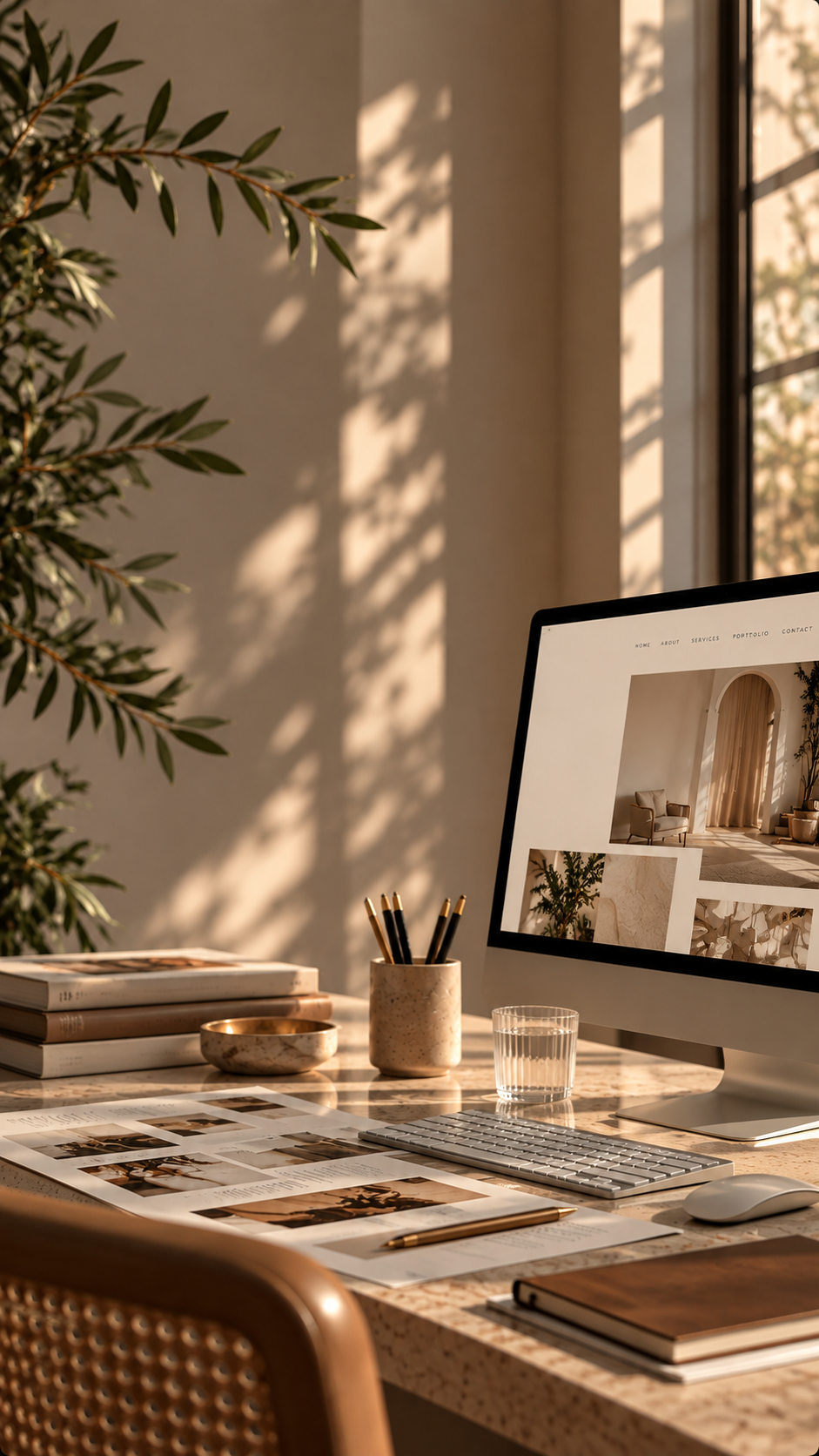 Elegant, sunlit creative studio featuring a minimalist desktop computer displaying an editorial website design, a marble desk with design books, printed moodboards, stationery, and neutral accessories. Warm natural light and soft botanical shadows create a sophisticated, high-end workspace atmosphere.